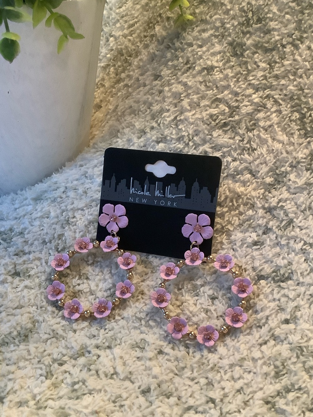 Nicole Miller Lavender Flower Hoop Fashion Pierced Earrings NWT 2.5x1.75”